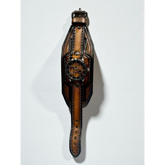 Winner Mechanical Skeleton Watch-Wide Leather Cuff Band-Steampunk-Mens-Gothic - Picture 4 of 8